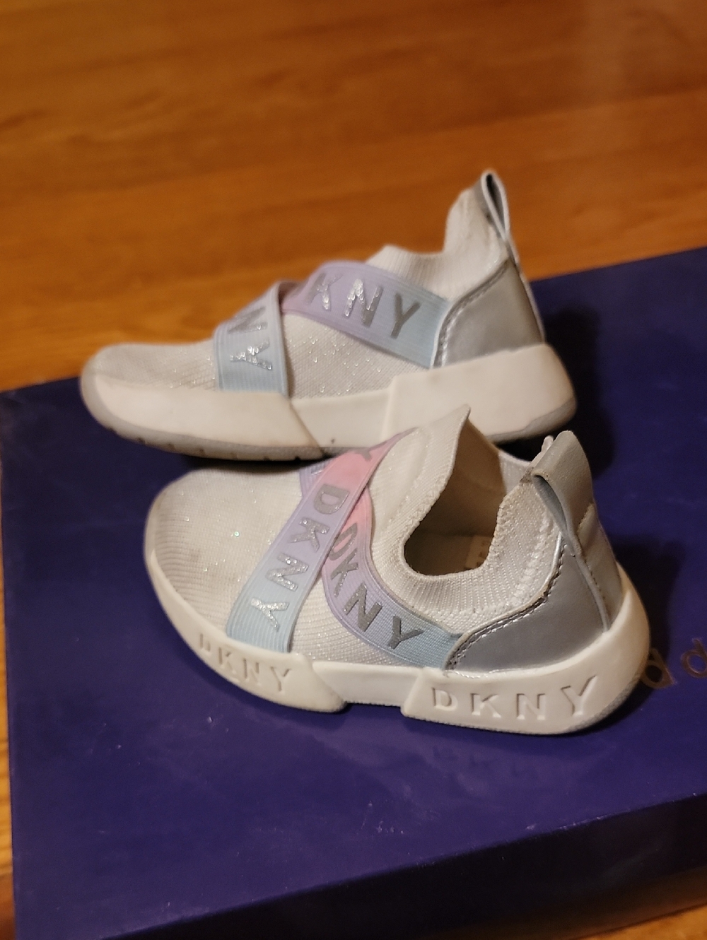 DKNY Kids White Slip-On Sneakers with Pastel Pink & Pale Blue Straps